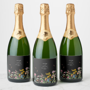 Etiquetas Para Vinos Espumosos Jardín de Bodas de Flores Silvestres Acuarela Negr
