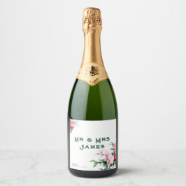 Etiquetas Para Vinos Espumosos Jardín Floral de Peonía Rosa Suave Boda Sr. & Sra.