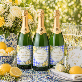 Etiquetas Para Vinos Espumosos Limoncitos azul gingham jardín Agradecimiento Desp