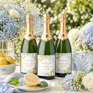 Etiquetas Para Vinos Espumosos Limonés gingham lazo azul jardín Gracias Cumpleaño