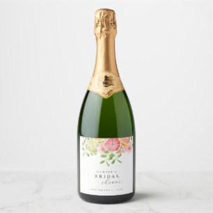 Etiquetas Para Vinos Espumosos Lluvia de boda acuarela floral coral verde