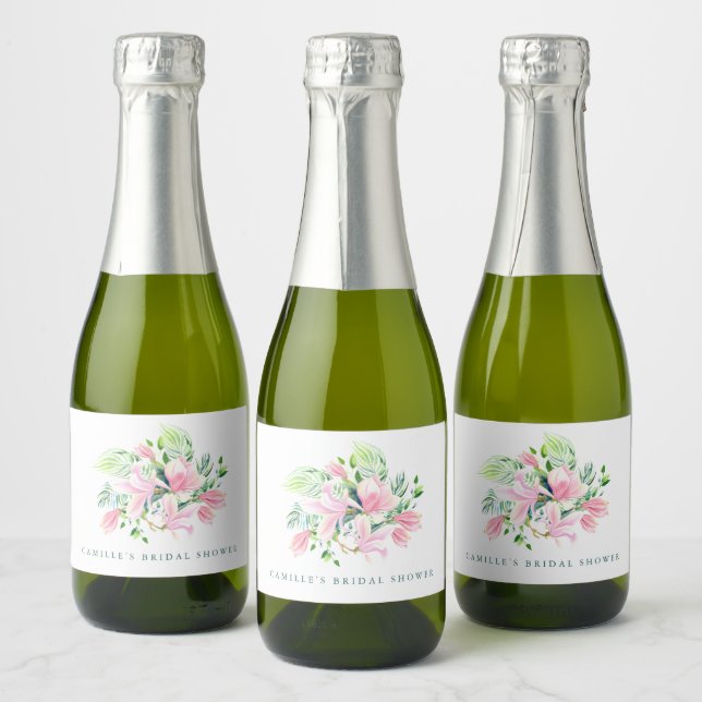 Etiquetas Para Vinos Espumosos Magnolia acuarela flor en rosa personalizado (Botellas)