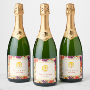 Etiquetas Para Vinos Espumosos Marco floral colorido beige boda china