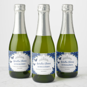 Etiquetas Para Vinos Espumosos Mariposas de Plata Quinceañera Floral Azul Real