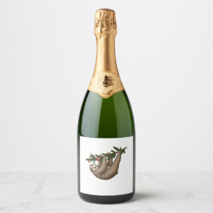 Etiquetas Para Vinos Espumosos Merry Sloth en rama de árbol de Navidad con orname