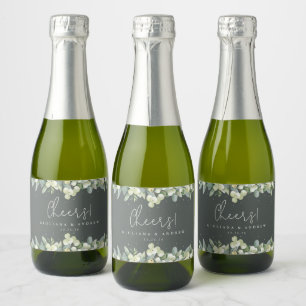 Etiquetas Para Vinos Espumosos Mini Boda de Invierno de Nevada Verde + Eucalipto