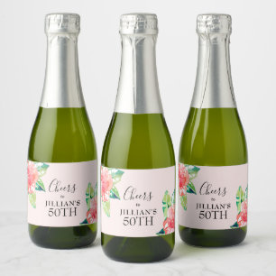 Etiquetas Para Vinos Espumosos Mini Floral Hibisco Rosa Acuarela Tropical