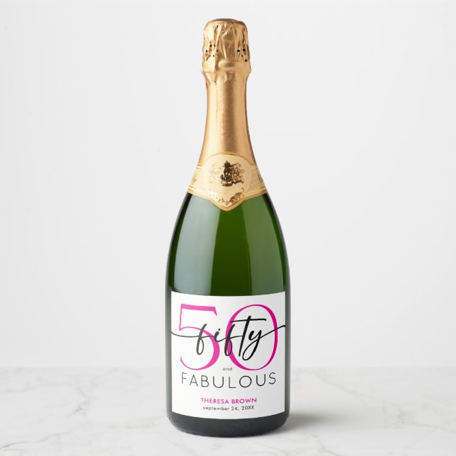 Etiquetas Para Vinos Espumosos Modern Minimal Pink Fifty Fabulous Script Birthday (Anverso)