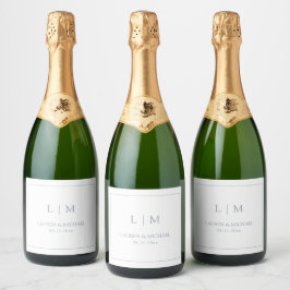 Etiquetas Para Vinos Espumosos Moderno Boda de monograma Minimalista azul turbio