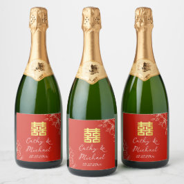 Etiquetas Para Vinos Espumosos Moderno elegante boda china floral guión rojo