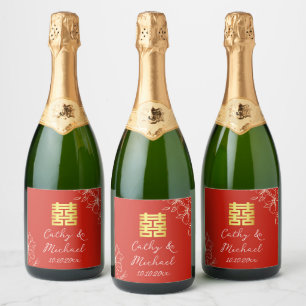 Etiquetas Para Vinos Espumosos Moderno elegante boda china floral guión rojo