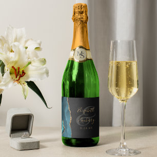 Etiquetas Para Vinos Espumosos Moderno Verde azulado Agate de Oro Boda oscuro