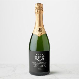 Etiquetas Para Vinos Espumosos Monograma de Cresta Floral Blanca Elegante Sobre N