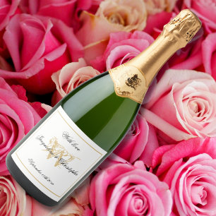 Etiquetas Para Vinos Espumosos Monograma elegante blanco y dorado Boda mínimo