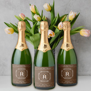 Etiquetas Para Vinos Espumosos Monograma elegante de marco marrón