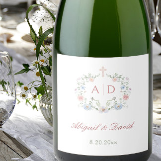Etiquetas Para Vinos Espumosos Monogramas de Boda Religiosos con Marco Floral