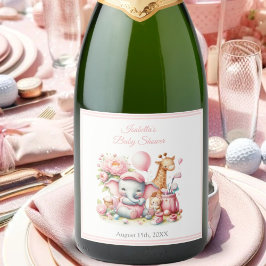 Etiquetas Para Vinos Espumosos Niña Rosa Elefante y Giraffe Golf Baby Shower