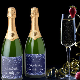 Etiquetas Para Vinos Espumosos Nombre de confeti azul marino de la fiesta de cump