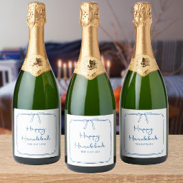 Etiquetas Para Vinos Espumosos Nombre personalizado Elegante Blue Bow Hanukkah Gi