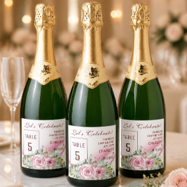 Etiquetas Para Vinos Espumosos Ola Rosa y número de mesa floral vino espumoso