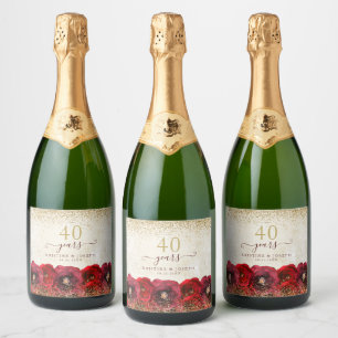 Etiquetas Para Vinos Espumosos Oro Floral de Rosa Roja 40 años de boda
