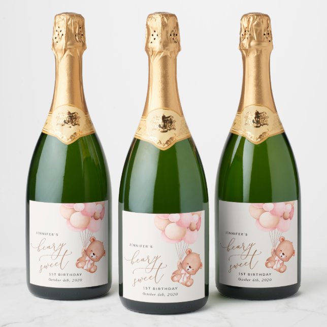 Etiquetas Para Vinos Espumosos Oso bebé, globos rosados, primer cumpleaños (Botellas)