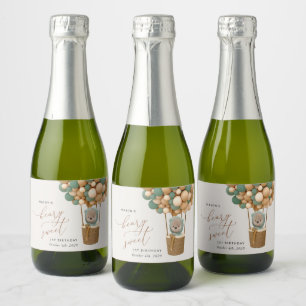 Etiquetas Para Vinos Espumosos Oso lindo, globos verdes, primer cumpleaños