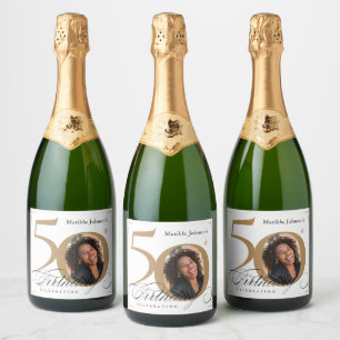 Etiquetas Para Vinos Espumosos Personalizado 50.º cumpleaños elegante oro foto bl
