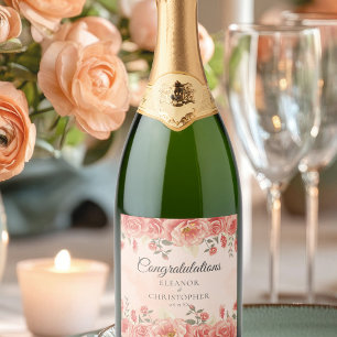 Etiquetas Para Vinos Espumosos Personalizado de Rosas de coral de bodas romántica