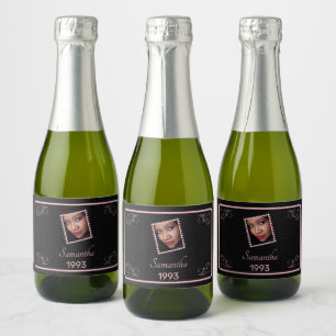 Etiquetas Para Vinos Espumosos Personalizado Pink Black Photo Birday Mini