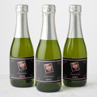 Etiquetas Para Vinos Espumosos Personalizado Pink Black Photo Birday Mini