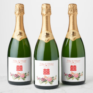 Etiquetas Para Vinos Espumosos Pintura de flores de acuarela doble felicidad boda