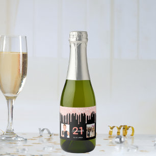 Etiquetas Para Vinos Espumosos purpurina de foto de 21 años rosa negro personaliz