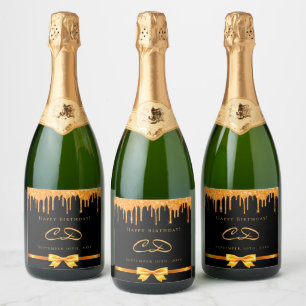 Etiquetas Para Vinos Espumosos Purpurina de oro negro de cumpleaños goteo en mono