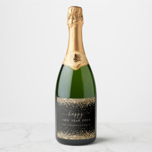 Etiquetas Para Vinos Espumosos Purpurina de oro Nombre Negro Feliz Año Nuevo 2026