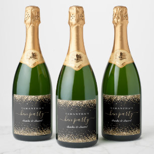 Etiquetas Para Vinos Espumosos Purpurina de oro Nombre Negro Gracias Fiesta Hen