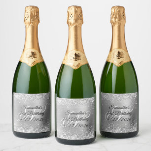 Etiquetas Para Vinos Espumosos Purpurina de Silvery Glam Monograma 21º cumpleaños