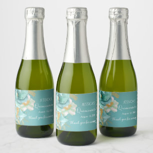 Etiquetas Para Vinos Espumosos Quinceanera floral oro Verde azulado Mini vino esp