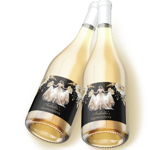 Etiquetas Para Vinos Espumosos Quinceañera Personalizada Lujo Negro Marfil Gold