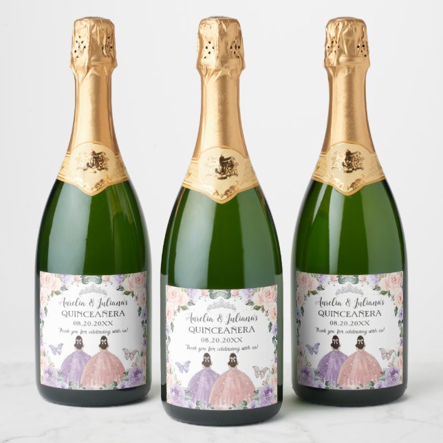 Etiquetas Para Vinos Espumosos Quinceañera XV Dulce 16 Gemelos Florales Rubor Lil (Botellas)