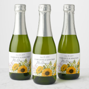 Etiquetas Para Vinos Espumosos Ramo de Girasoles Modernos Amarillos para Boda