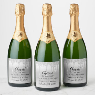 Etiquetas Para Vinos Espumosos Recuerdo de boda personalizado de plata con purpur