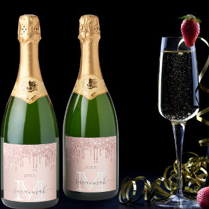 Etiquetas Para Vinos Espumosos Rosa dorado brillo rosa destello monograma glamour
