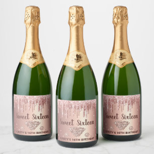 Etiquetas Para Vinos Espumosos Rosa Dorado Goteo Brillo y Diamante Dulces 16