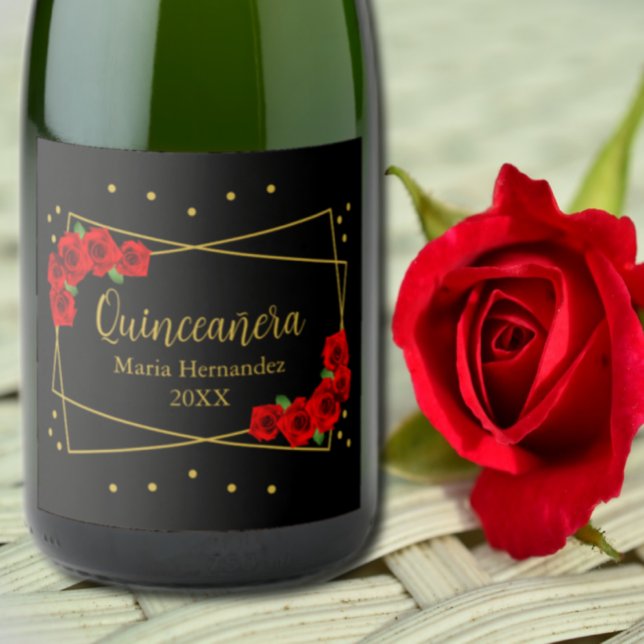 Etiquetas Para Vinos Espumosos Rosa Roja Negro y Quinceañera de oro (Subido por el creador)