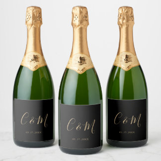 Etiquetas Para Vinos Espumosos Sello de Boda de oro elegante Monograma negro