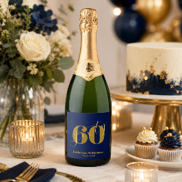 Etiquetas Para Vinos Espumosos Sesenta Elegante Azul y Oro Cumpleaños 60