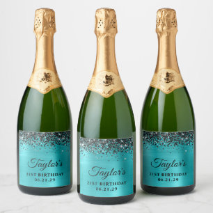 Etiquetas Para Vinos Espumosos Top de purpurina negra Cumpleaños 21 Aqua Azul Hol