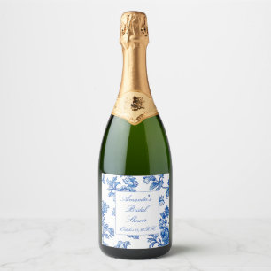 Etiquetas Para Vinos Espumosos Torta Nupcial de Chinoiserie Azul y Blanco 