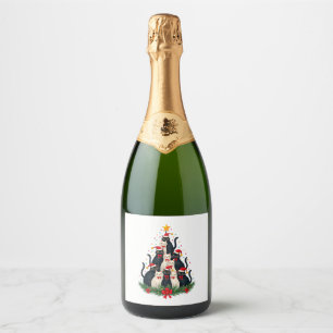 Etiquetas Para Vinos Espumosos Tuxedo Cat Árbol de Navidad Tuxedo Cat Luces Xmas
